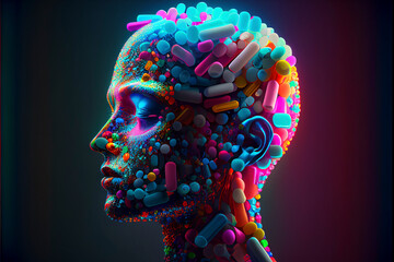 Representation of a human head with pills inside its head, concept of addiction and drugs. - obrazy, fototapety, plakaty