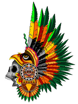 Aztec Eagle Warrior Mask with tribal elements and feathers Crown Decorations for Ancient Rituals Vector Illustration isolated on transparent Background