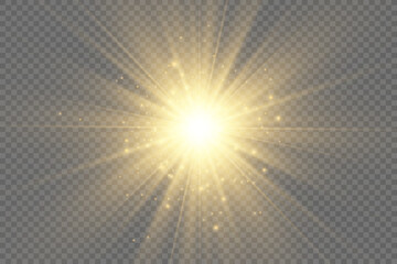 Obraz premium Special lens flash, light effect. The flash flashes rays and searchlight. illust.White glowing light. Beautiful star Light from the rays. The sun is backlit. Bright beautiful star. Sunlight. Glare. 