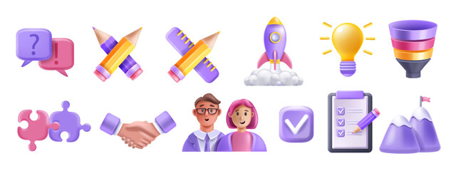 3D teamwork partner person avatar icon set, vector puzzle, handshake, partnership project funnel. Business management strategy, success cup, startup rocket. 3D teamwork user connect company concept