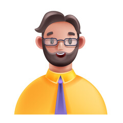 3D man icon, vector cartoon male character face, glasses cheerful boy, business person avatar. Successful young guy worker, smiling cute student, happy funny manager. Office man head portrait icon