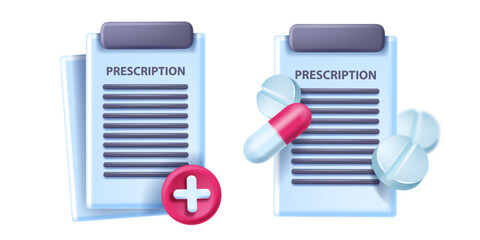 3D prescription pharmacy icon, insurance control medical concept, pills, capsule, clipboard on white. Paper doctor report hospital document, vector healthcare remedy drug. 3D prescription receipt file