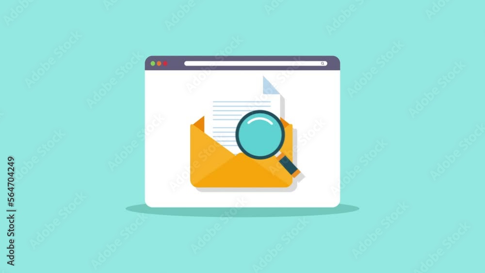 Poster envelope with documents and magnifying glass icon symbols. navigation and finding information letter