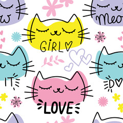 Seamless pattern with cartoon  cats, and hearts and slogan. Cute texture background. Wallpaper for girls. Fashion style
