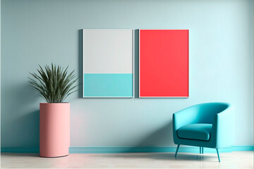 Minimalist modern Wall Art , mock up, empty poster, Frame mockup in living room interior, pastell colors, generative AI