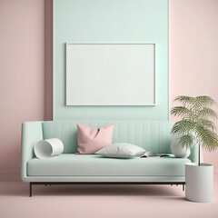 Minimalist modern Wall Art , mock up, empty poster, Frame mockup in living room interior, pastell colors, generative AI