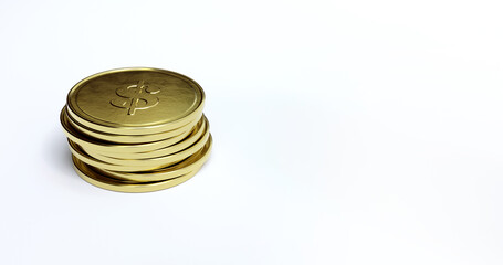 Gold coins stacked on white background. 3D render image with copy space.