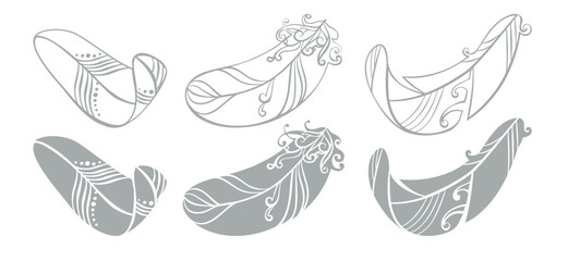 set of vector drawings of stylized feathers