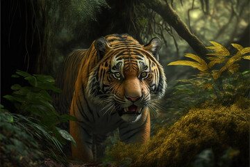 Fototapeta na wymiar Tiger in native habitat eating in the background. Generative AI