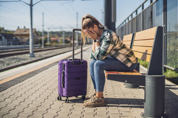 Worried woman sitting on a bench at the train station.	