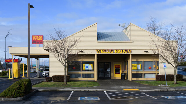 Monroe, WA, USA - January 23, 2023; Wells Fargo rural bank branch with drive thru