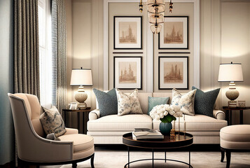 Beautiful colorful living room in cream white with pale accent colors, Interior Design Ideas, Home Decoration, generative ai