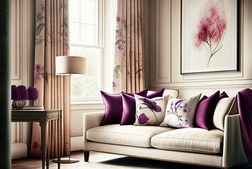 Beautiful colorful living room in cream white and purple, Interior Design Ideas, Home Decoration, generative ai