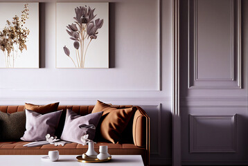 Beautiful colorful living room in pale lilac with brown accents, Interior Design Ideas, Home Decoration, generative ai