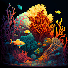 Fototapeta na wymiar Coral reef, under water, ocean, fish, marine, diving. Generative AI.