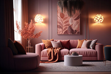 Beautiful colorful living room in mauve, pink and caramel, Interior Design Ideas, Home Decoration, generative ai - obrazy, fototapety, plakaty