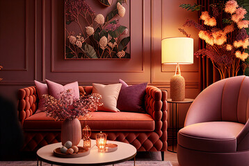 Beautiful living room in warm caramel autumn colours with purple accents, Interior Design Ideas, Home Decoration, generative ai