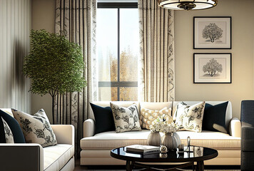 Beautiful colorful living room in cream white, Interior Design Ideas, Home Decoration, generative ai