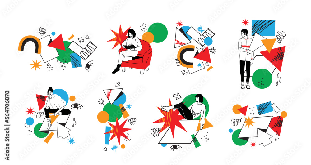 Poster outline characters, people in different poses and various geometric shapes and colorful abstract fig