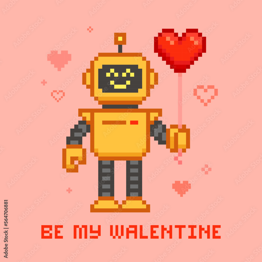 Poster creative card for valentine's day with cute robot. be my valentine pixel design card or invitation i