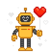 Fototapeta premium Cute pixel robot holding heart balloon in retro video game style. Geek Valentine's day decoration, card, tee prints and poster design. Vector illustration