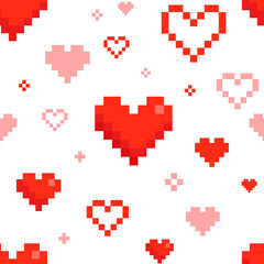 Geek Pixel hearts for Valentine's Day seamless pattern. Pixel hearts background in retro video game style. Vector template