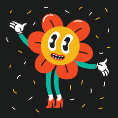 70's groovy square poster, sticker. Retro print with hippie cute colorful flowers. Funky character concepts of crazy flowers, dripping emoticon. Only good vibes sentence