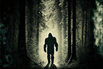 Cryptozoology: The study of animals and creatures that are considered to be legendary or mythical, such as Sasquatch Bigfoot. AI generative - obrazy, fototapety, plakaty