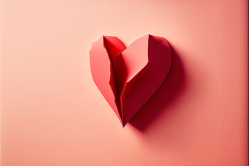 red paper heart on a red background. AI Generated.
