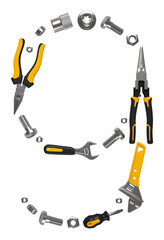 The "9" number laid out of construction tools. PNG illustration with transparent background on engineering, construction, interior finishing, repair and maintenance themes. A part of 0-9 set.
