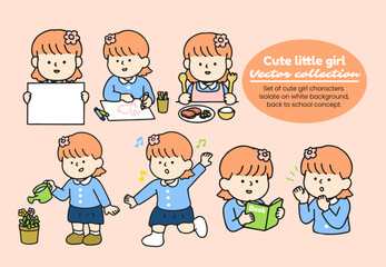 Set of cute girl characters. isolate on white background, back to school concept. 