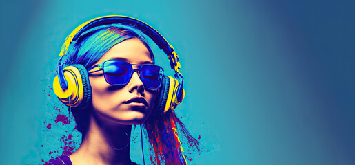 Girl with Headphones Listening to Music on a blue Background with Room for Copy (Generated with AI)