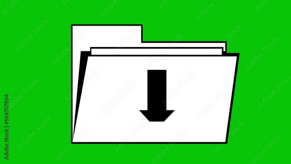 Poster computer folder animation with an arrow moving down, drawn in black and white, for file download. on