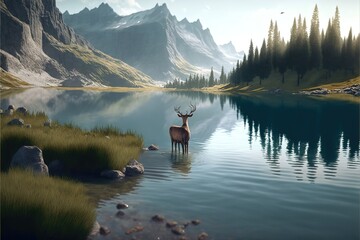 Morning View in the Mountain with lake. Genarative AI