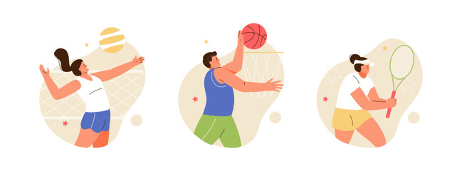 Athletic people sports ball games. Volleyball, basketball, tennis players. Olympic Games, competitions vector characters