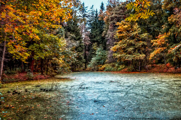Oil painting of lake and woods in fall - Van Gogh Style painting  