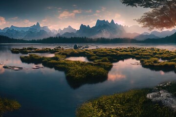 Fototapeta premium Morning View in the Mountain with lake. Genarative AI