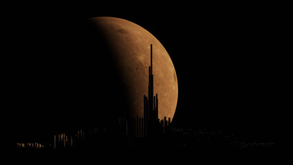 City silhouette with moon crest in background (3D Rendering)