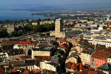 Fototapeta na wymiar A panoramic view of the city of Lausanne, Lake Geneva and the mountains in the background