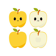 Smiling yellow apple with kawaii emoji. Flat design vector illustration of yellow apple on white background.