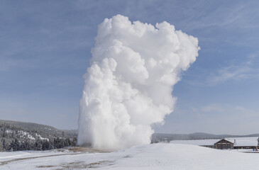 Scenic Old Faithful Landscape in Winter in Yellowstone National Park Wyoming