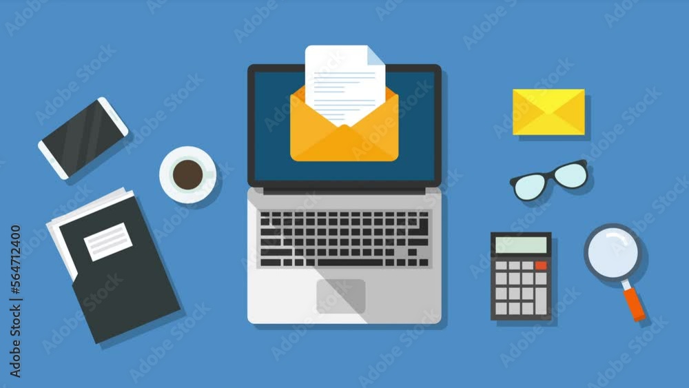 Poster envelope with documents motion animation concept.top view of workplace with opened laptop.flat desig