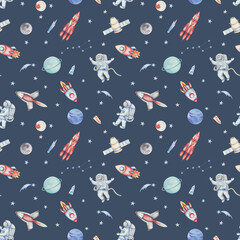 Watercolor illustration. Seamless pattern from hand painted spacemen, rockets, spaceships in outer space. Planets Uranus, Neptun, moon, stars, comet, Ursa Major. Space Day. Print on blue background © Olga Sidelnikova