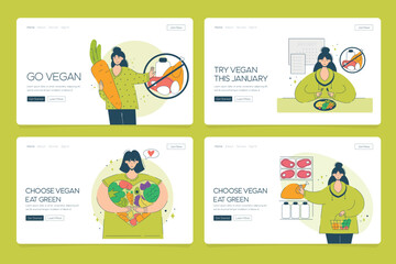 Web landing template happy woman chooses veganism and vegetables. The concept of a vegetarian diet