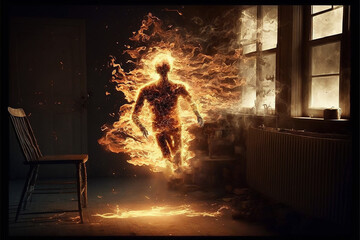 Fortean phenomena: The study of strange or unusual events, such as spontaneous human combustion. combustion of a living human body without apparent external source of ignition. AI generative - obrazy, fototapety, plakaty