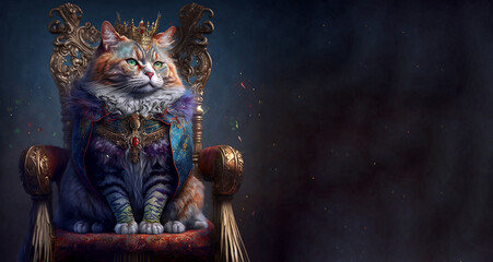 Fototapeta premium The Royal cat with luxury dress costume. Close up Portrait King cat with throne and crown. Generative AI.