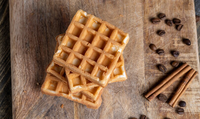 soft sweet waffles on the table, close up