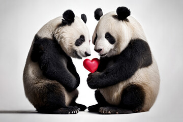 Valentine's Day Animals: Cute Panda Couple With a Red Heart Celebrating Valentine's Day, Isolated on White Background © Wild Awake
