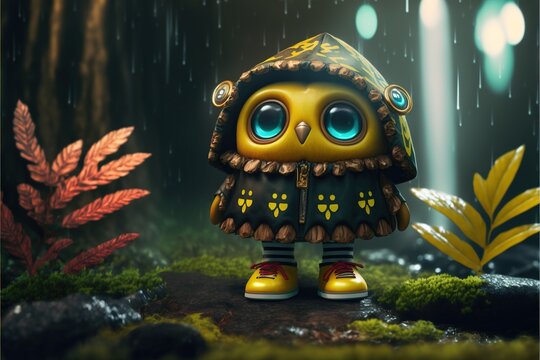 An adorable big eyed vantablack owl wearing a raincoat and gumboots whilst walking in a lush magical forest.