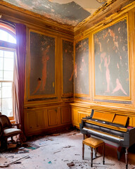 IA palacio abandonado, habitacion abandonada con frescos en las paredes